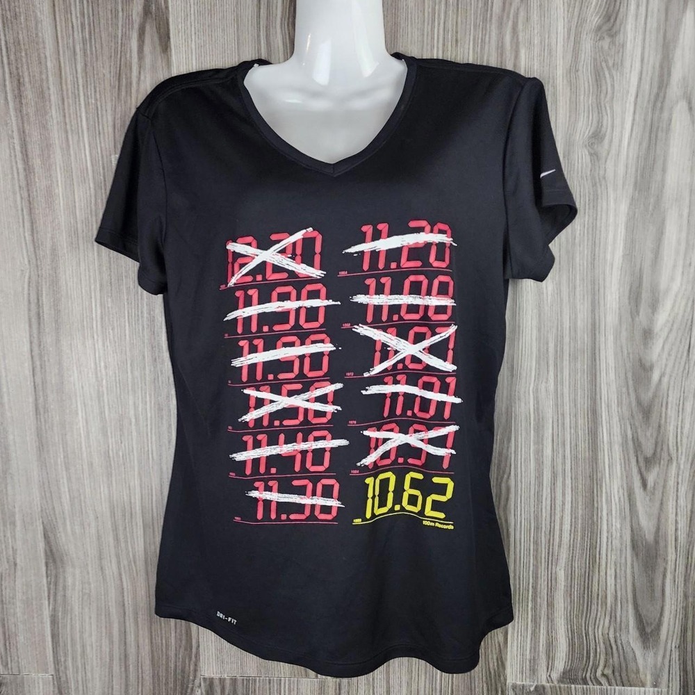 Nike‎ Dri-FIT Womens Black 100m Records Graphic V-Neck Running T-Shirt Size M